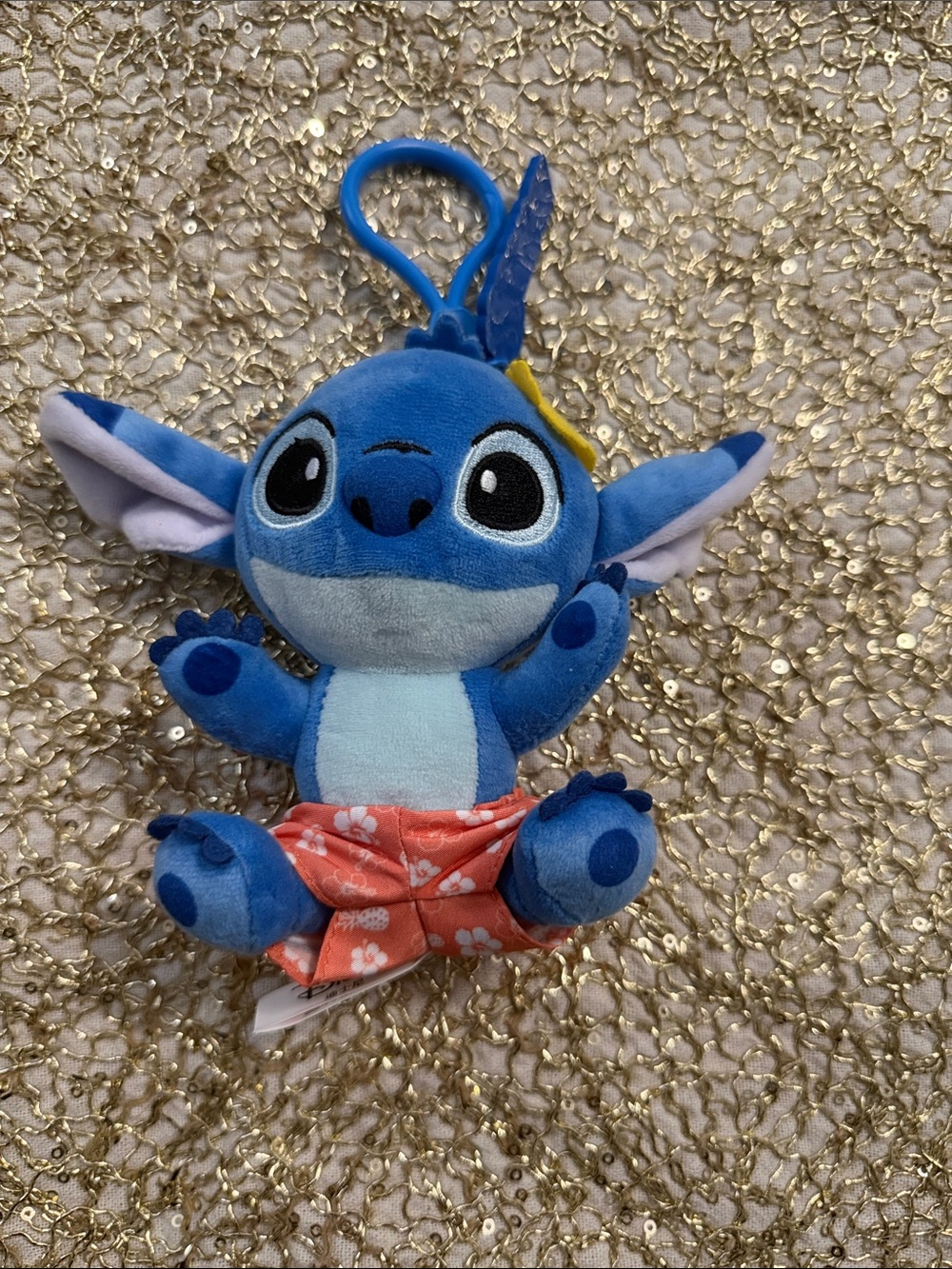 Disney Blue Stitch Plush Clip-On with Orange Floral Shorts